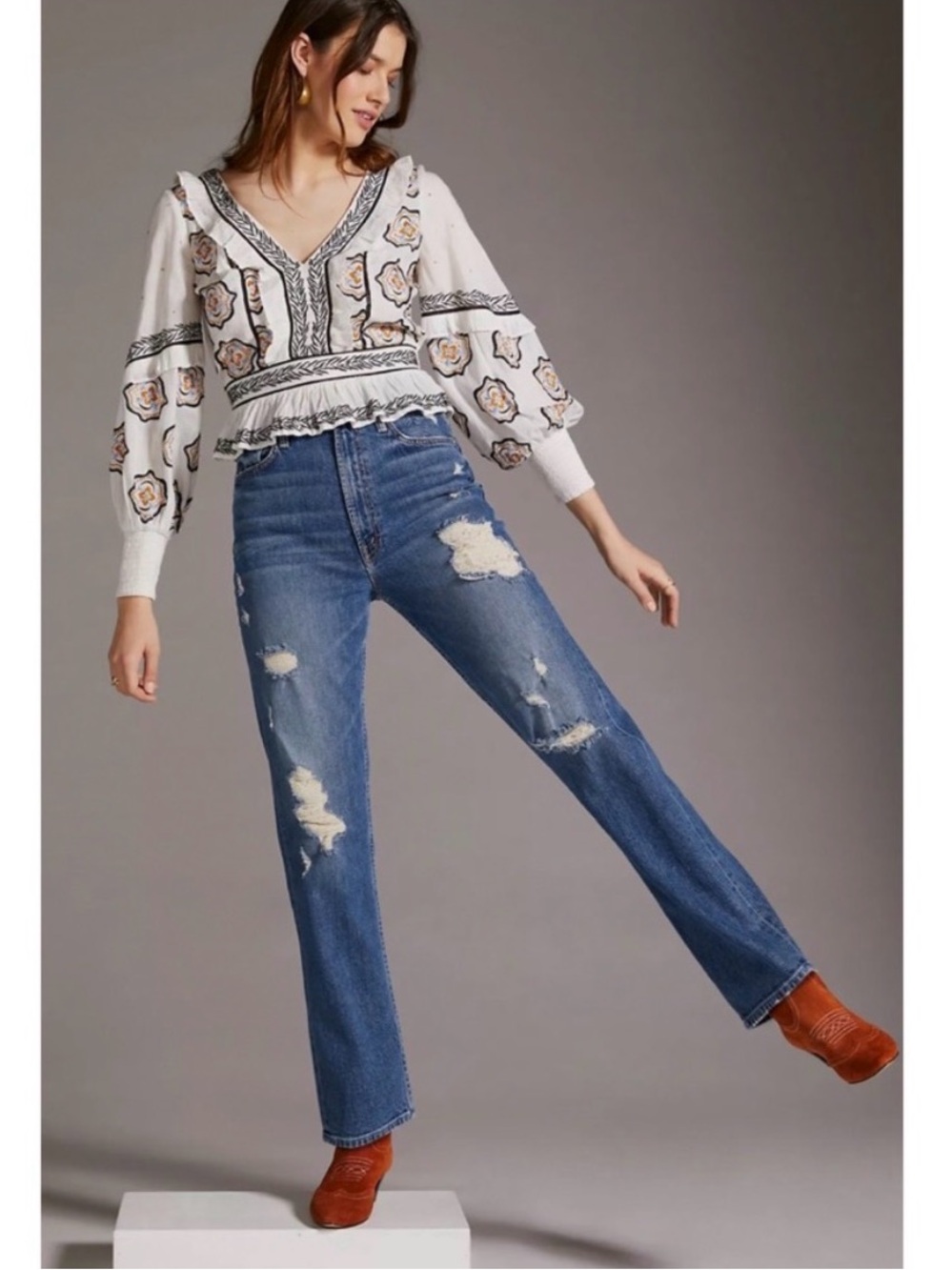 MOTHER High-Waisted Study Hover Straight Leg Jeans In Peaches And Scream Sz 27